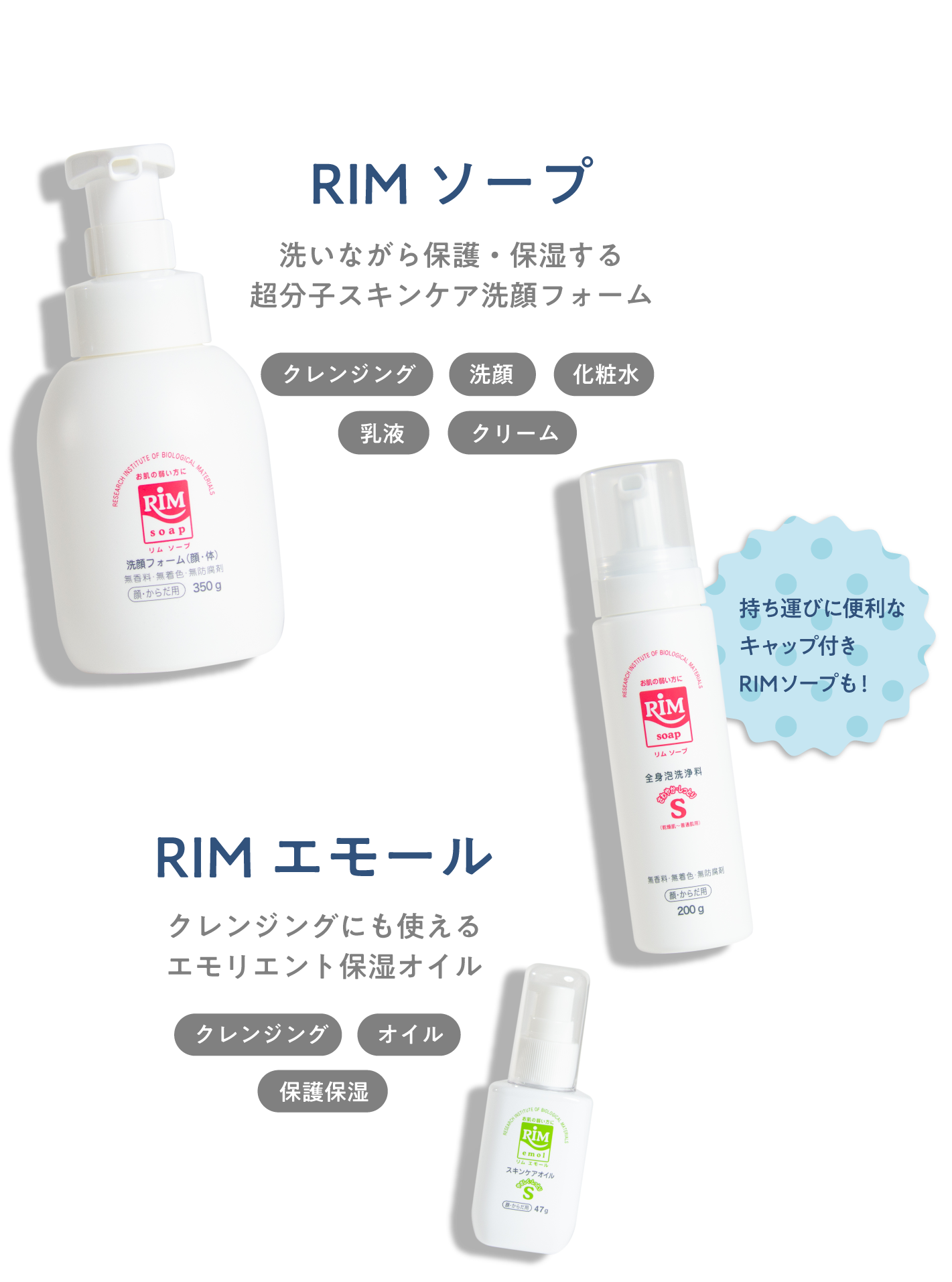 RIMソープ 洗いながら保護・保湿する 超分子スキンケア洗顔フォーム　RIMエモール クレンジングにも使える エモリエント保湿オイル